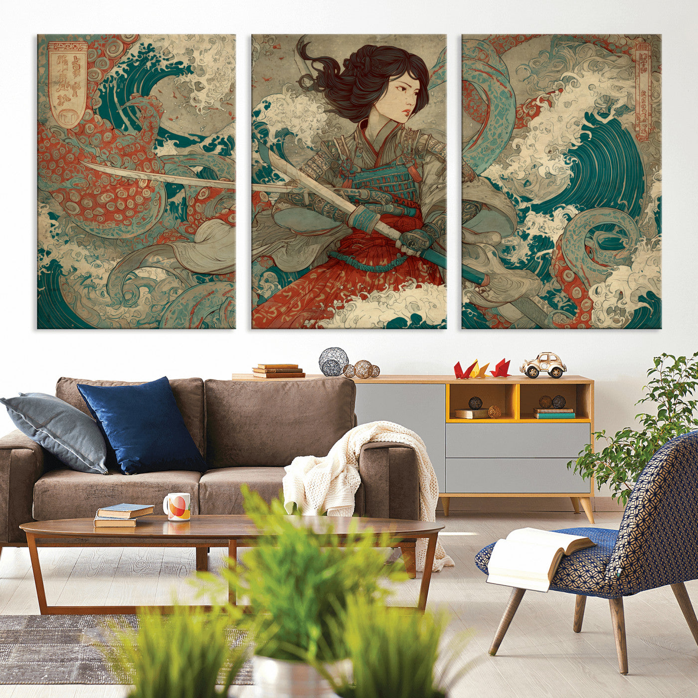 63377977-MGV-CV-36X24-Tsukioka Yoshitoshi Samurai Wall Art Print, Japanese Katana Warrior Canvas Wall Art, Octopus Sea Monster Canvas Print,