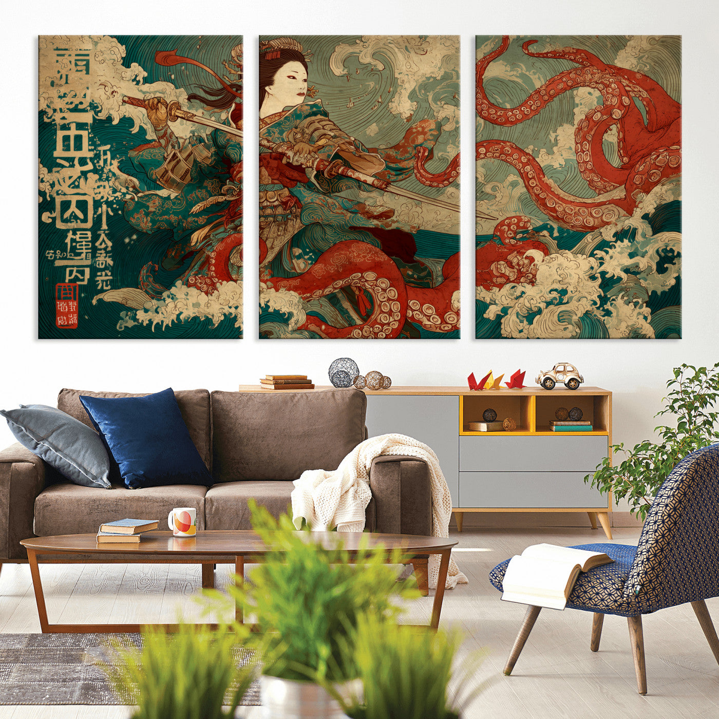 60201267-MGV-CV-36X24-Samurai Woman vs Octopus Wall Art – Japanese Ukiyo-e Armor Canvas Print, Red Tentacle Ocean Battle Artwork for Living Room,