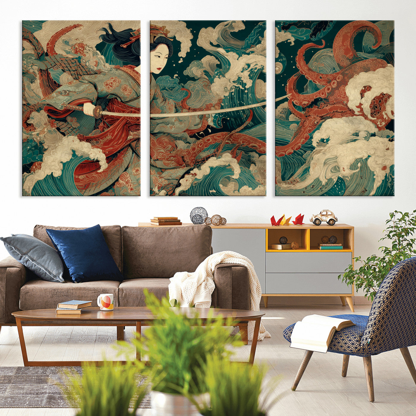 30212982-MGV-CV-36X24-Samurai Woman vs Octopus Wall Art – Japanese Ukiyo-e Style Warrior and Sea Monster Canvas Print, Mythology Inspired Artwork for