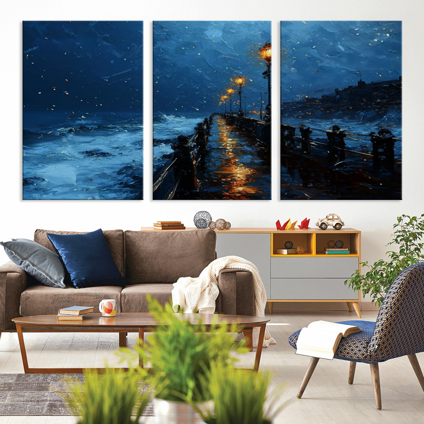 48300530-MGV-CV-36X24-Night Pier Wall Art – Moody Ocean Boardwalk Canvas Print, Impressionist Coastal Seascape Painting Decor for Living Room, Office,