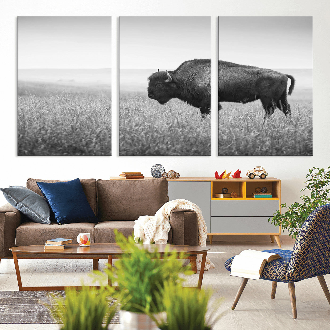 90861202-MGV-CV-36X24-Black and White Bison Canvas Wall Art – Rustic American Buffalo Print, Western Wildlife Photography for Farmhouse, Cabin, Office