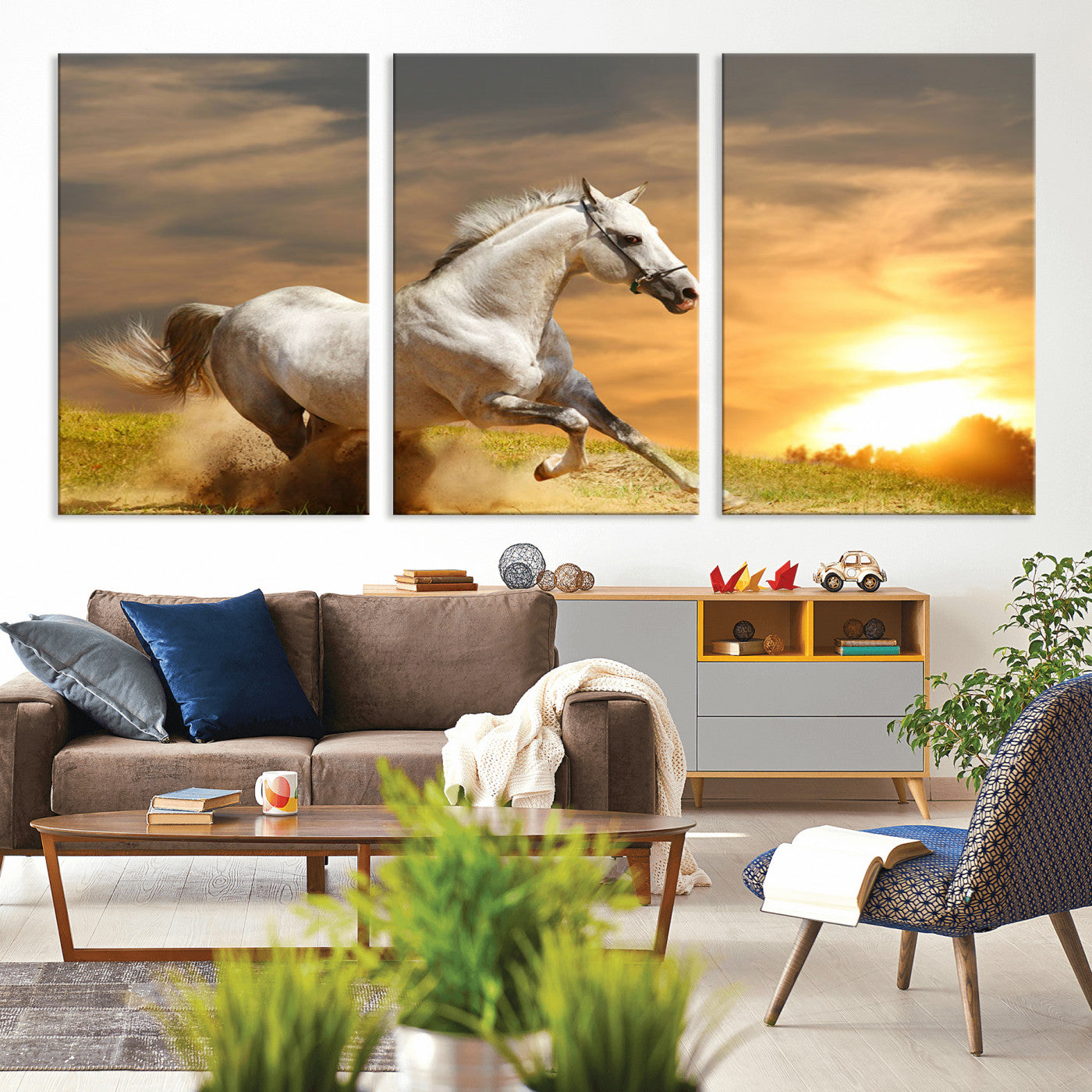 67478480-MGV-CV-36X24-White Horse Running at Sunset Wall Art – Majestic Equestrian Photography Print, Rustic Farmhouse Decor, Golden Sky Horse Lover