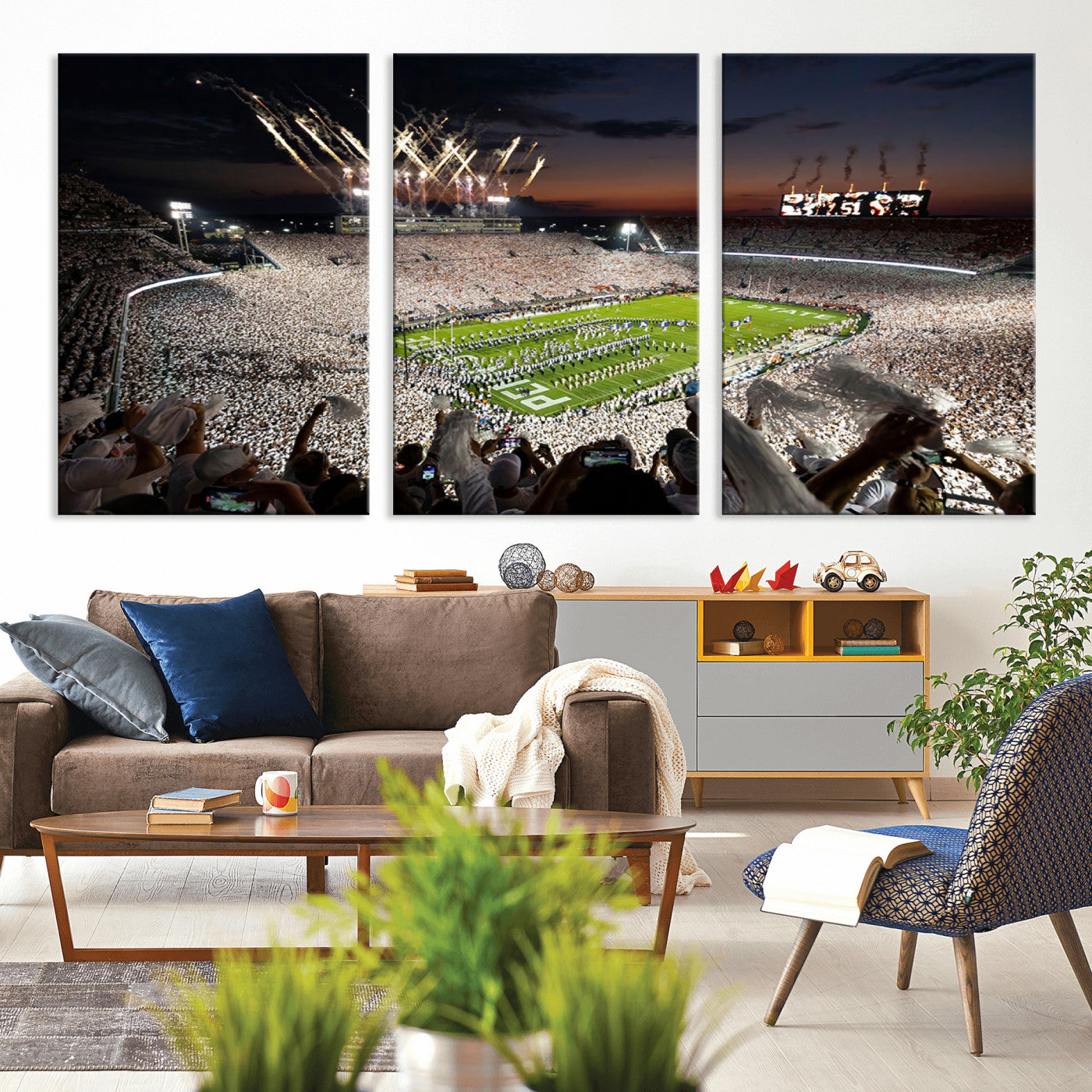 11221988-MGV-CV-36X24-Football Stadium Wall Art – Game Day Crowd with Fireworks, Sports Fan Photography Print, Stadium Decor for Man Cave, Bar, or