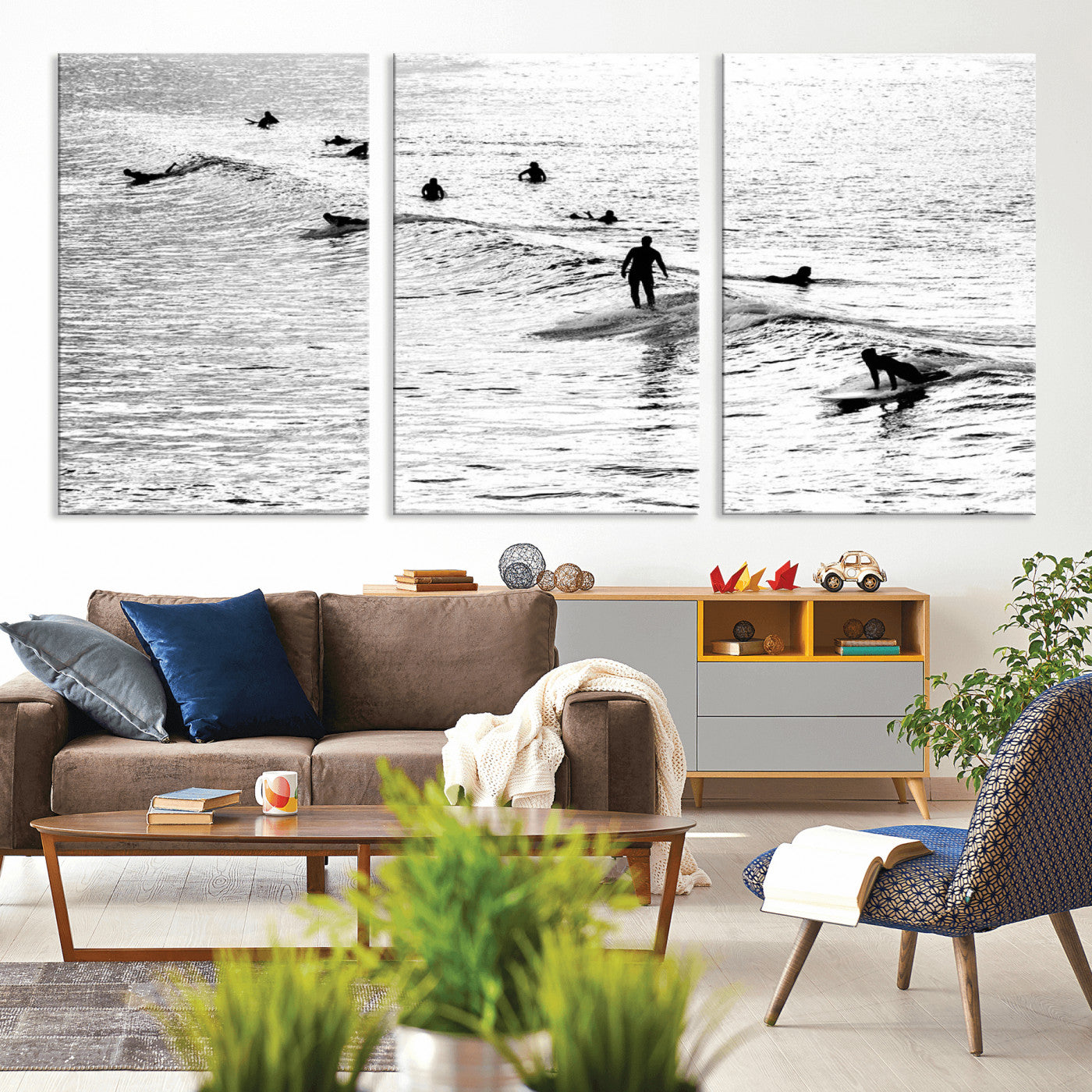 68018616-MGV-CV-36X24-Black and White Surf Photography Print – Minimalist Ocean Wall Art, Surfers Riding Waves, Coastal Beach Decor for Modern Home or