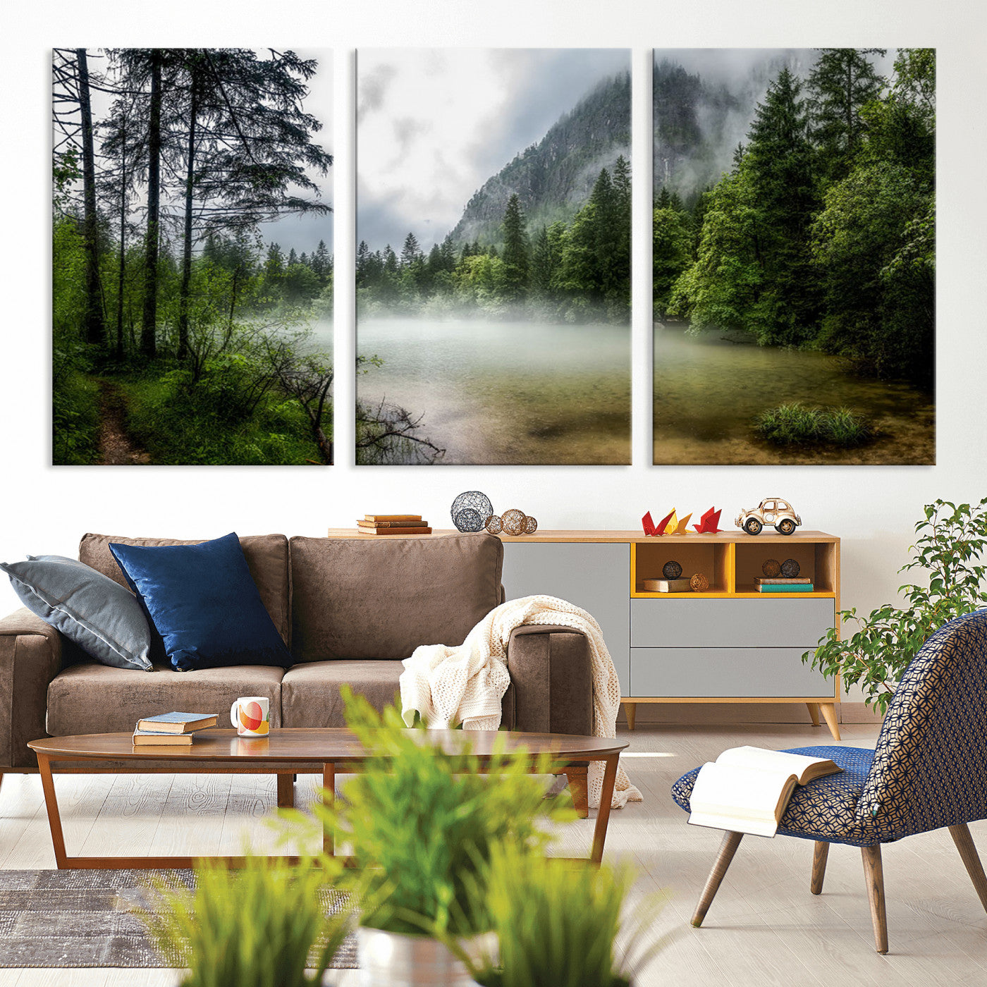 93123937-MGV-CV-36X24-Landscape Wall Art – Misty Mountain Lake Canvas Print, Tranquil Forest and Waterfall Photography Decor for Bedroom, Living Room,