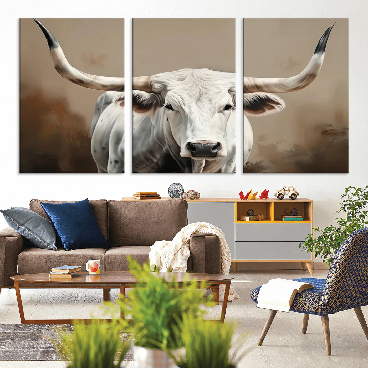 63550-MGV-CV-36X24-Texas Longhorn Wall Art Canvas Print, Framed White Bull Art Picture Print, Horned Cattle Perfect Rustic Western Decor Artwork