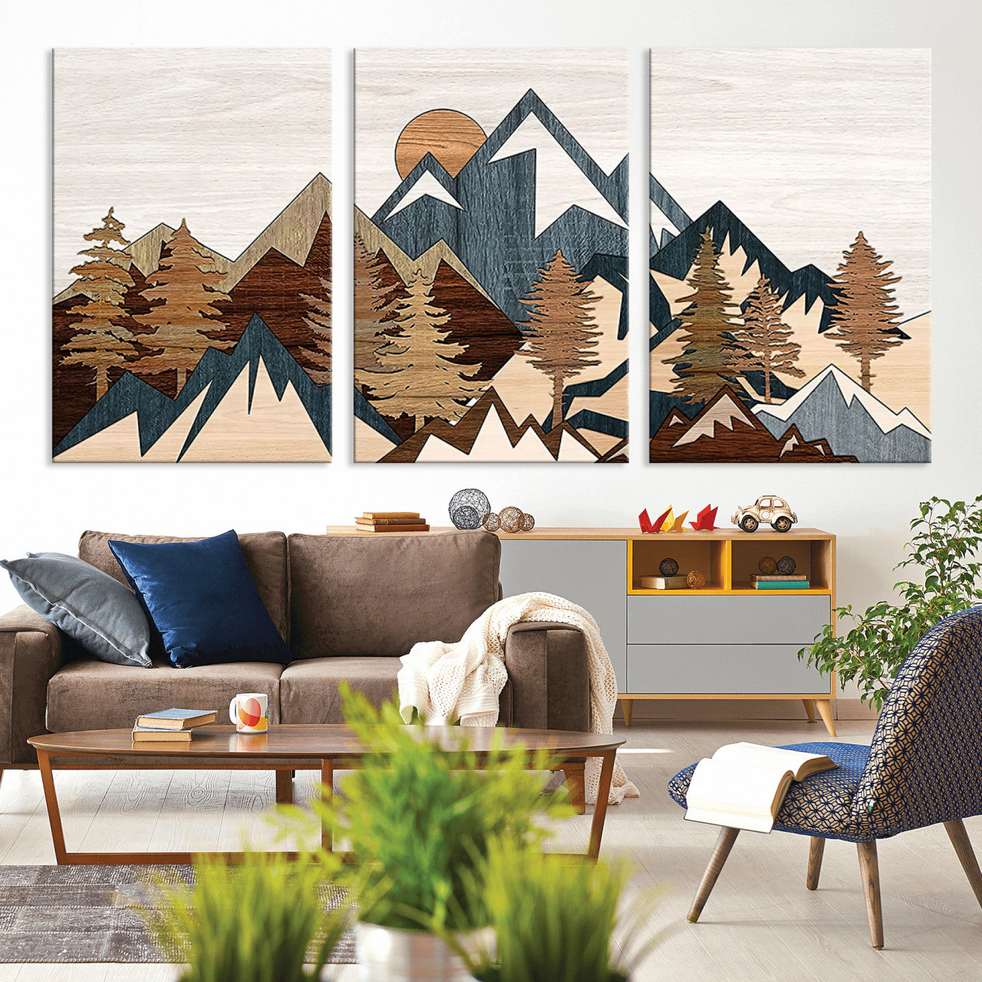 80300-MGV-CV-36X24-Geometric Mountains Wall Art Canvas Print, Framed Stylized Trees Art Picture Print, Graphic Forest Perfect Rustic Abstract Decor