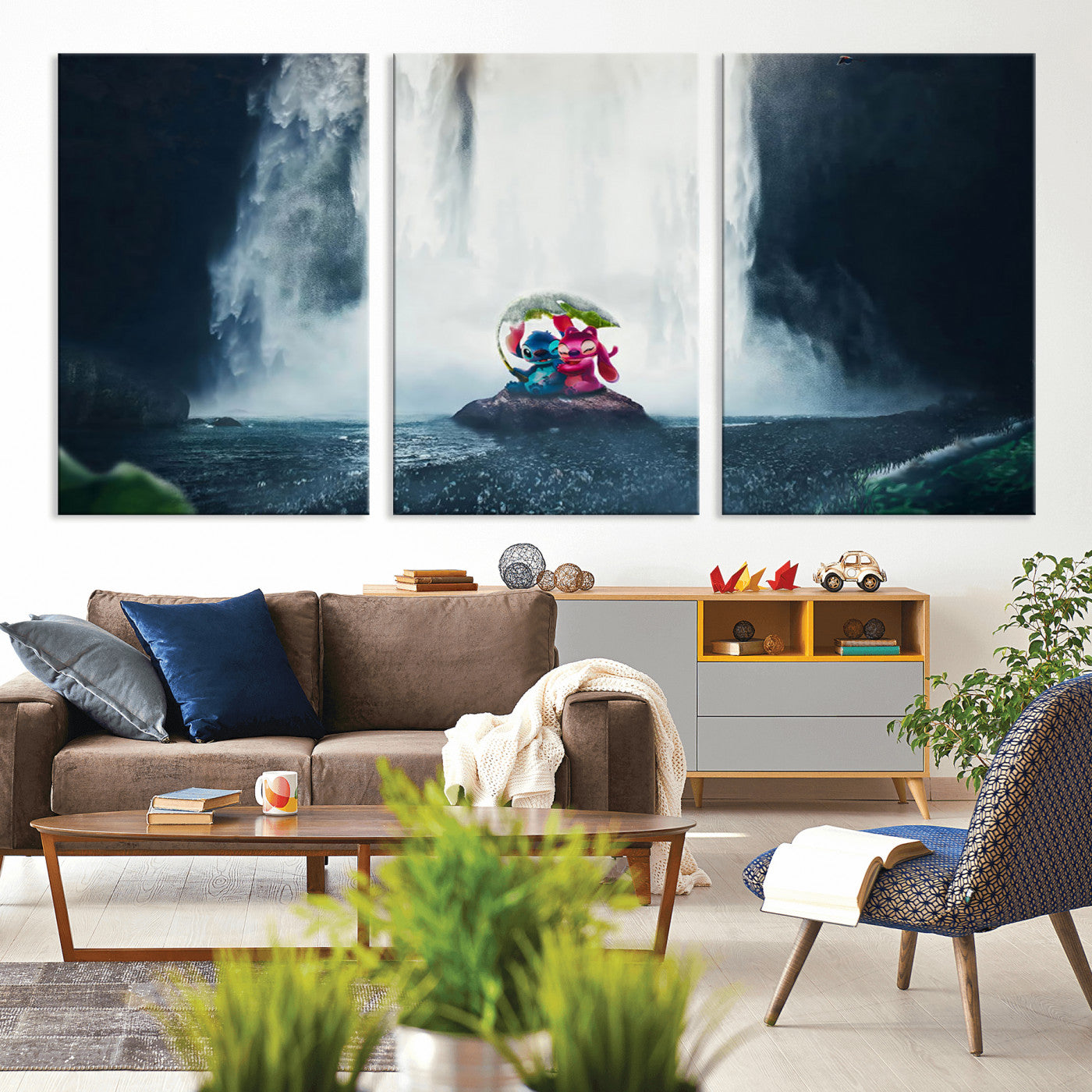 32259-MGV-CV-36X24-Stitch Angel Wall Art Canvas Print, Framed Stitch Waterfall Art Picture Print, Cartoon Couple Perfect Moody Fantasy Decor Artwork
