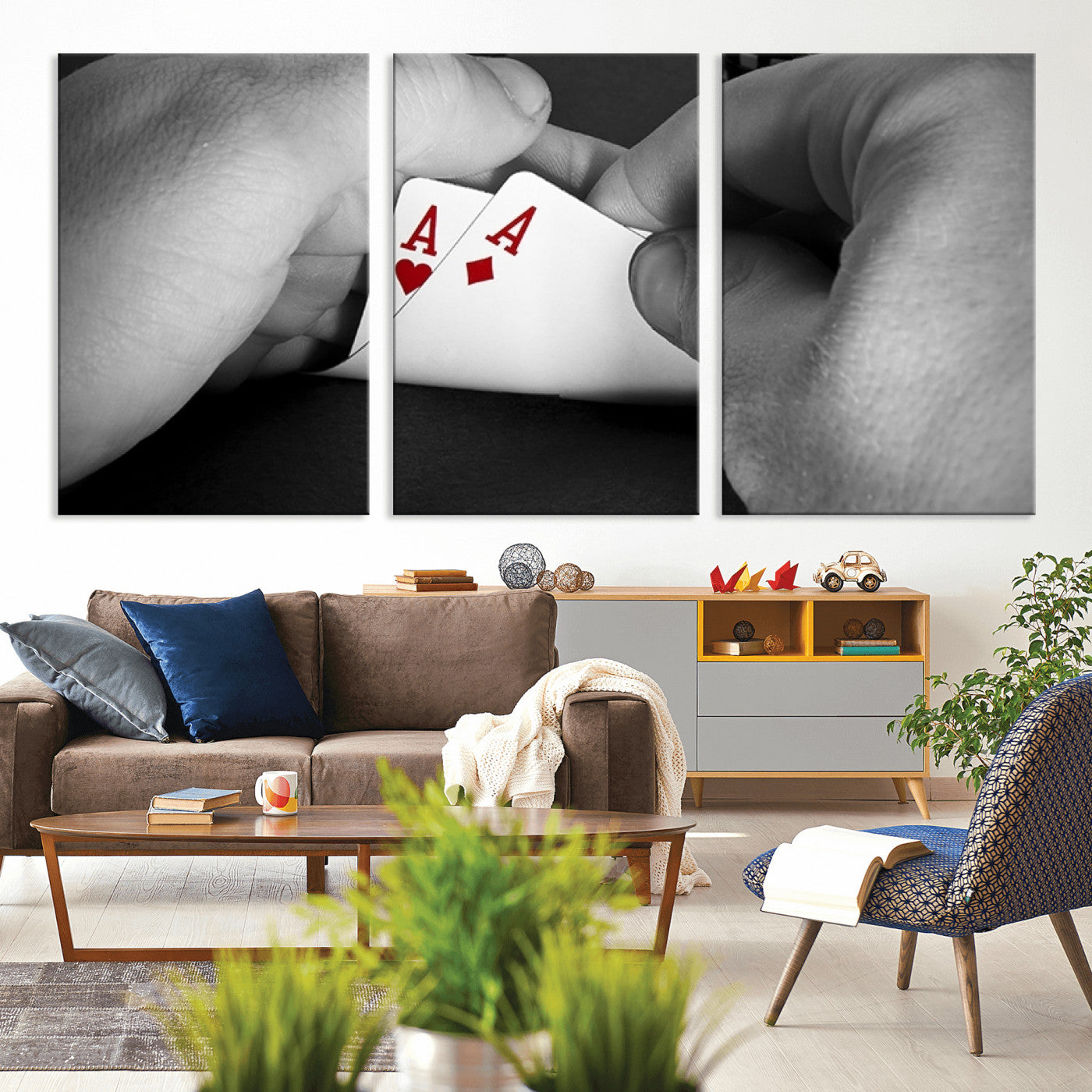 62460-MGV-CV-36X24-Poker Game Wall Art – Close Up of Hands Holding Aces with Chips, Casino Style Decor for Game Room, Man Cave or Office