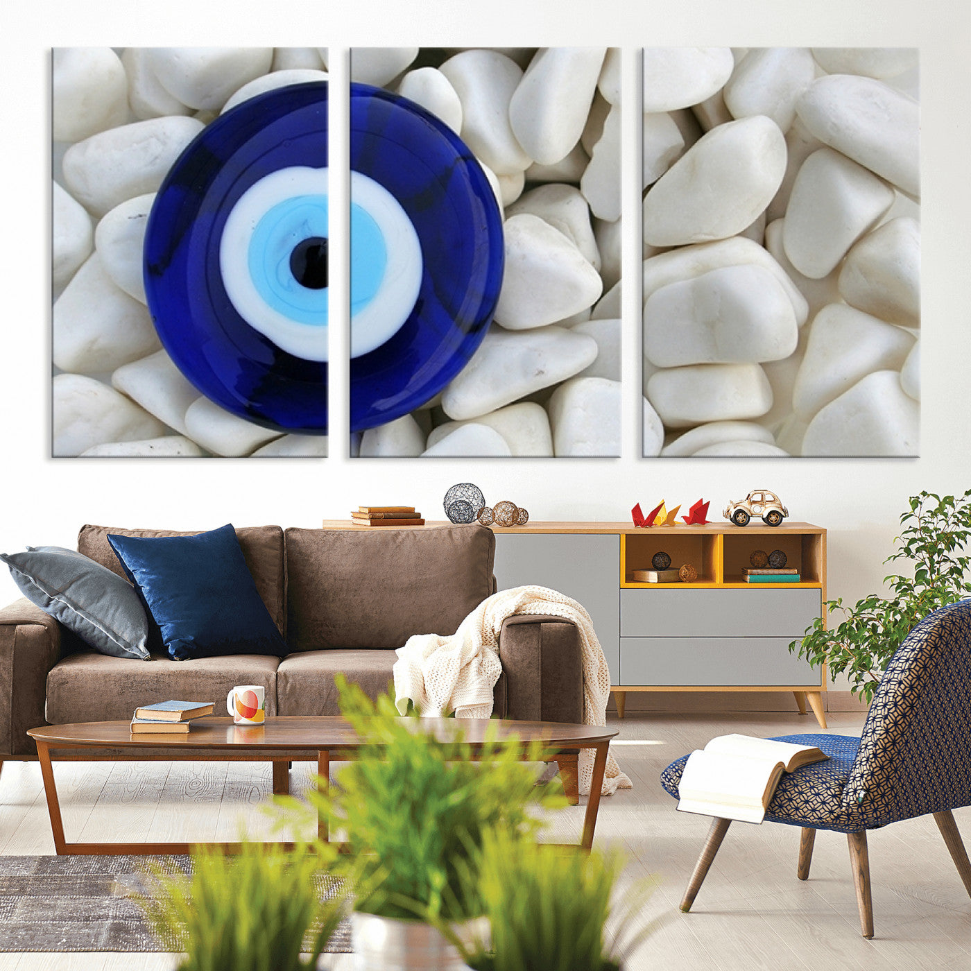 48883-MGV-CV-36X24-Evil Eye Wall Art – Deep Blue Symbol of Presence and Calm on White Stones, Subtle Spiritual Decor for Entryway, Studio, Office or