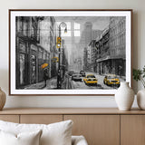 32362-MGV-CV-36X24-NYC Street Wall Art – Black and White Cityscape with Yellow Taxis and Umbrella Canvas Print, Urban Home Decor for Living Room or