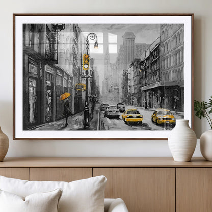 32362-MGV-CV-36X24-NYC Street Wall Art – Black and White Cityscape with Yellow Taxis and Umbrella Canvas Print, Urban Home Decor for Living Room or