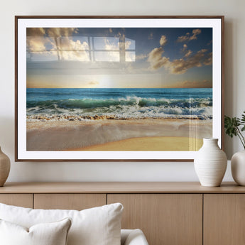13139-MGV-CV-36X24-Sunrise Beach Wall Art – Ocean Waves and Golden Sand Canvas Print, Coastal Home Decor for Living Room, Bedroom, or Office