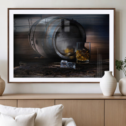 78049-MGV-CV-36X24-Whiskey Barrel Wall Art – Rustic Whiskey Barrel and Glass with Ice Canvas Print, Classic Bar or Lounge Decor for Home, Office, or
