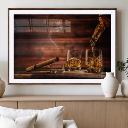 91042-MGV-CV-36X24-Whiskey & Cigar Wall Art – Elegant Whiskey Pour and Smoldering Cigar Canvas Print, Sophisticated Bar or Lounge Decor for Home,