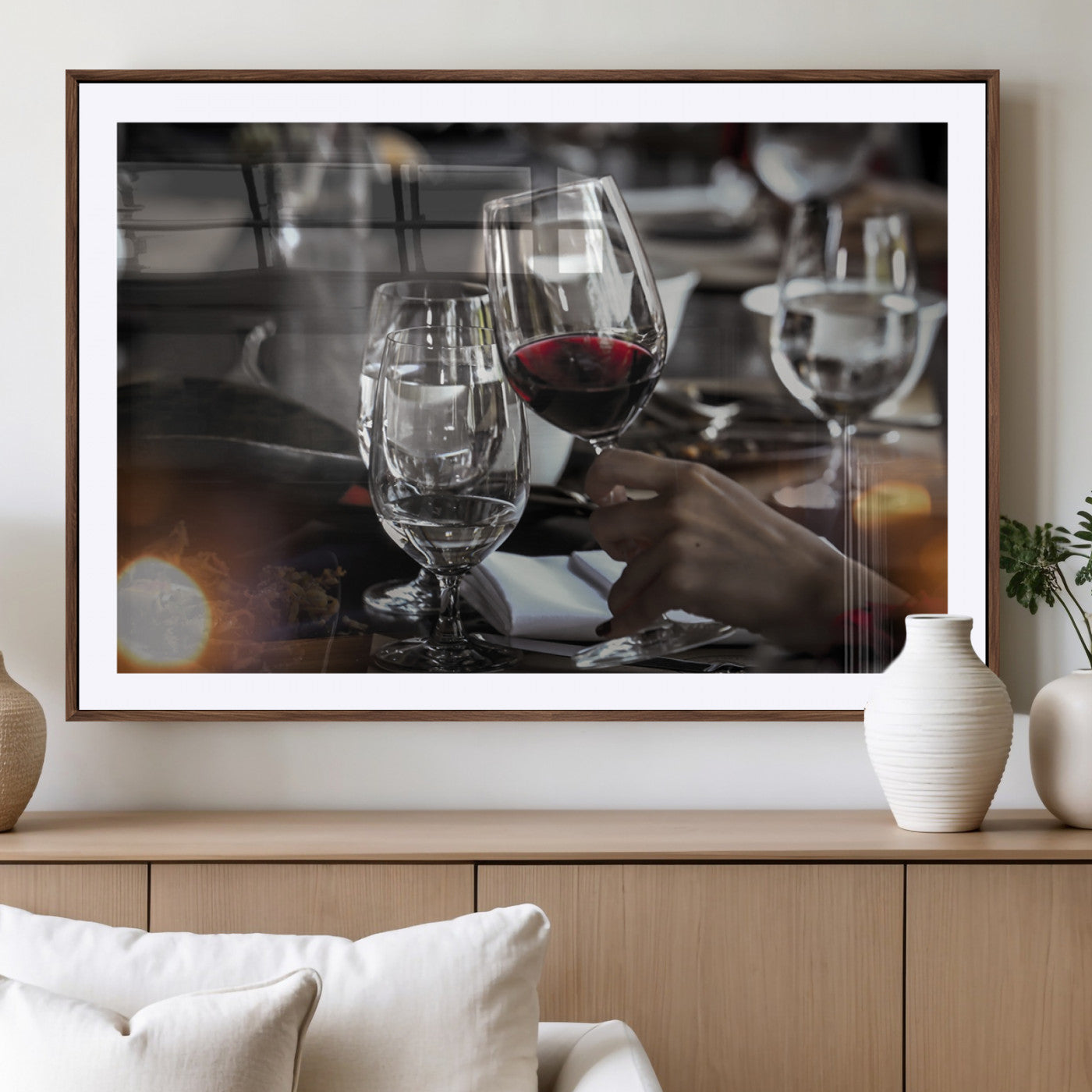 75513-MGV-CV-36X24-Elegant Wine Toast Wall Art – Close-Up Red Wine Glass at Dinner Table Canvas Print, Sophisticated Dining Room or Bar Decor