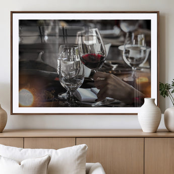 75513-MGV-CV-36X24-Elegant Wine Toast Wall Art – Close-Up Red Wine Glass at Dinner Table Canvas Print, Sophisticated Dining Room or Bar Decor