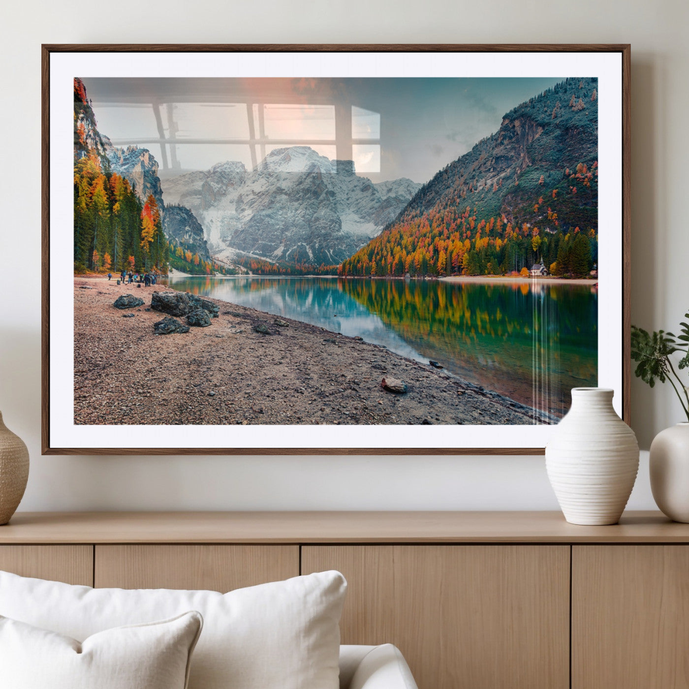 25982-MGV-CV-36X24-Autumn Mountain Lake Wall Art – Panoramic Fall Foliage and Snowy Peaks Canvas Print, Scenic Nature Decor for Living Room or Office