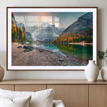 25982-MGV-CV-36X24-Autumn Mountain Lake Wall Art – Panoramic Fall Foliage and Snowy Peaks Canvas Print, Scenic Nature Decor for Living Room or Office