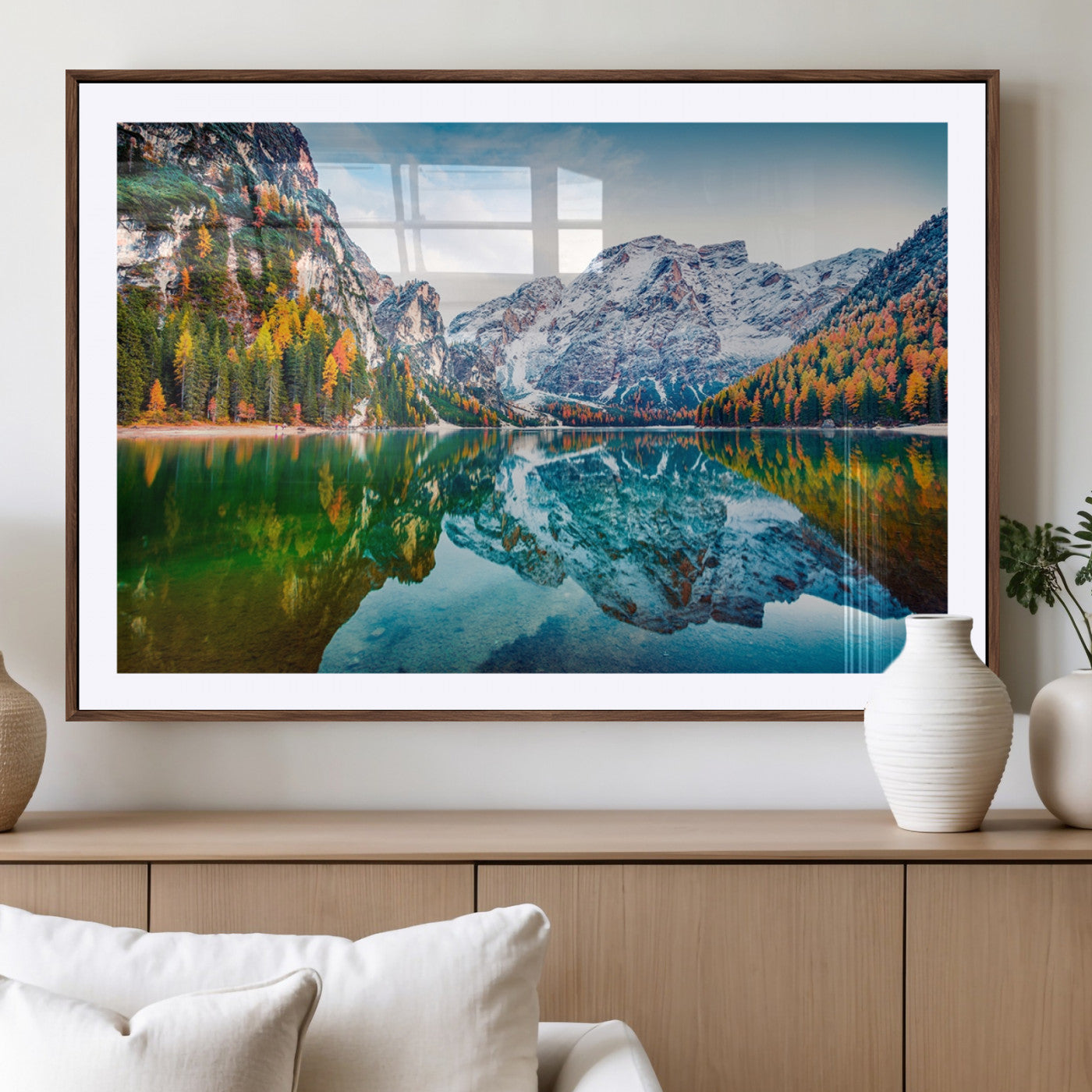10402-MGV-CV-36X24-Snowy Mountain Lake Wall Art – Autumn Landscape Canvas Print with Reflection, Nature Decor for Living Room, Office, Bedroom or