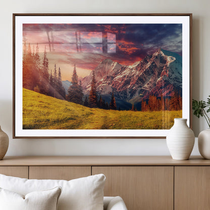 83947-MGV-CV-36X24-Sunset Mountain Landscape Wall Art – Panoramic Alpine Meadow and Snow Capped Peaks Canvas Print, Nature Scenic Decor for Home,