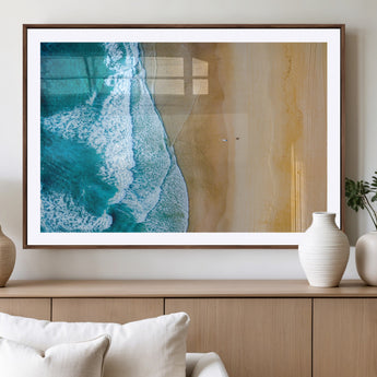 46640-MGV-CV-36X24-Aerial Beach Wall Art – Turquoise Waves and Golden Sand Canvas Print with Lone Surfer, Coastal Ocean Decor for Living Room,