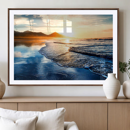 86173-MGV-CV-36X24-Golden Sunset Beach Wall Art – Reflective Ocean Canvas Print with Mountains and Waves, Coastal Nature Decor for Living Room,