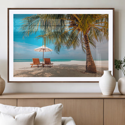 69754-MGV-CV-36X24-Tropical Beach Wall Art – Relaxing Palm Tree and Lounge Chairs Canvas Print, Serene Coastal Decor for Living Room, Bedroom, Office