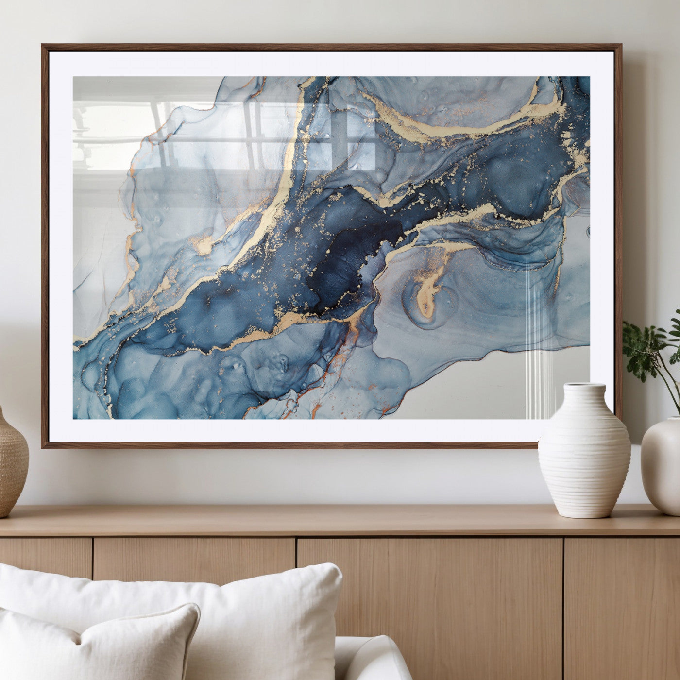 33782-MGV-CV-36X24-Abstract Marble Wall Art – Blue & Gold Fluid Painting Canvas Print, Modern Home Decor for Living Room, Bedroom or Office