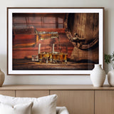 21266-MGV-CV-36X24-Pouring Whiskey into Glasses with Ice – Rustic Wooden Barrel Background, Warm Ambient Lighting, Ideal Decor for Home or Office
