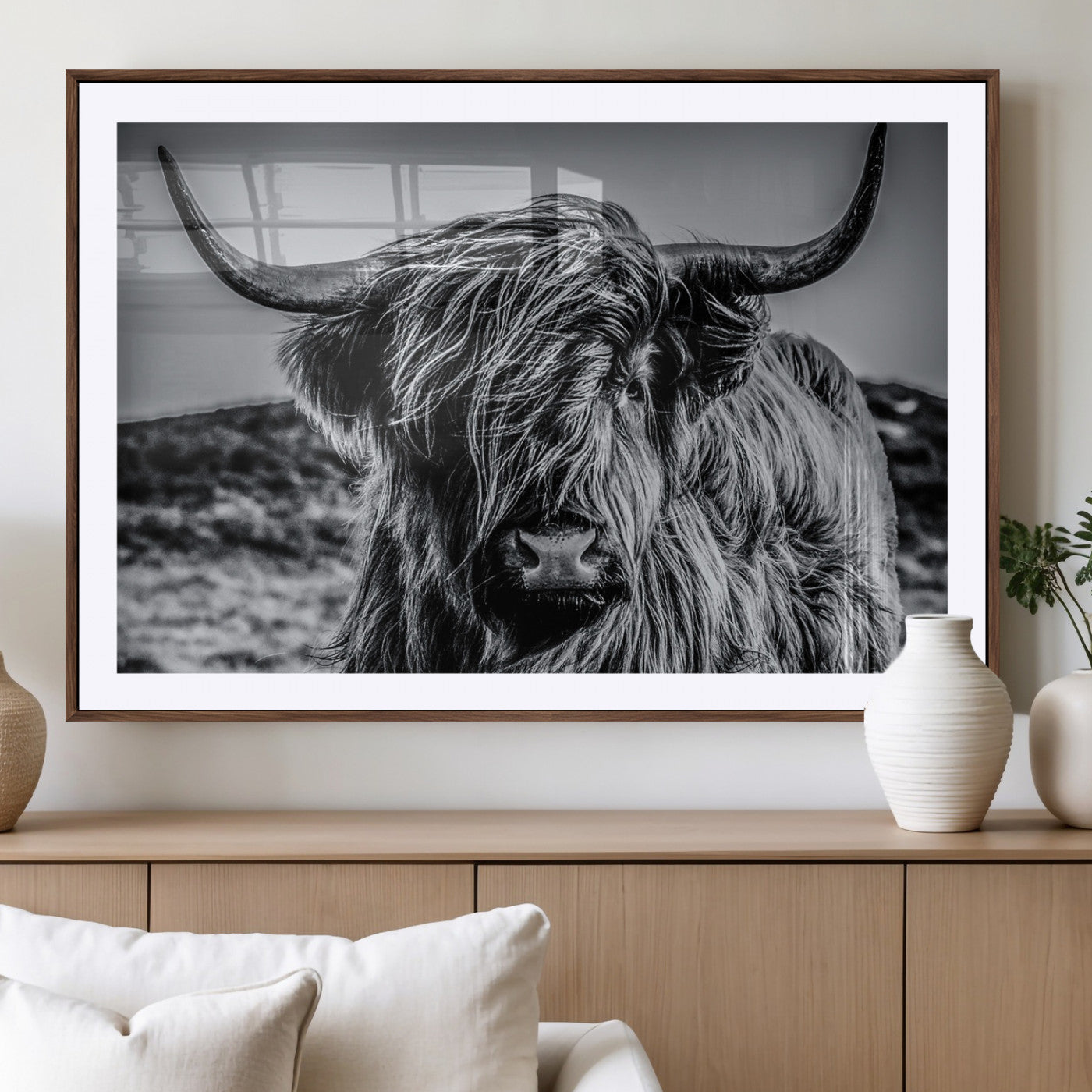 97372-MGV-CV-36X24-Elegant Highland Cow Wall Art – Black and White Canvas Print, Rustic Nature Decor for Home, Office, Living Room or Man Cave