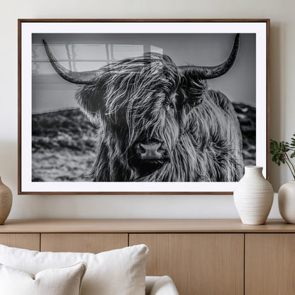 97372-MGV-CV-36X24-Elegant Highland Cow Wall Art – Black and White Canvas Print, Rustic Nature Decor for Home, Office, Living Room or Man Cave