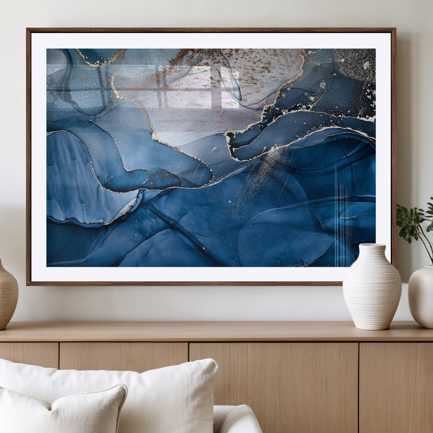 27810-MGV-CV-36X24-Abstract Blue Gold Fluid Art Wall – Modern Canvas Print, Elegant Home & Office Wall Art, Stylish Living Room or Bedroom Decor