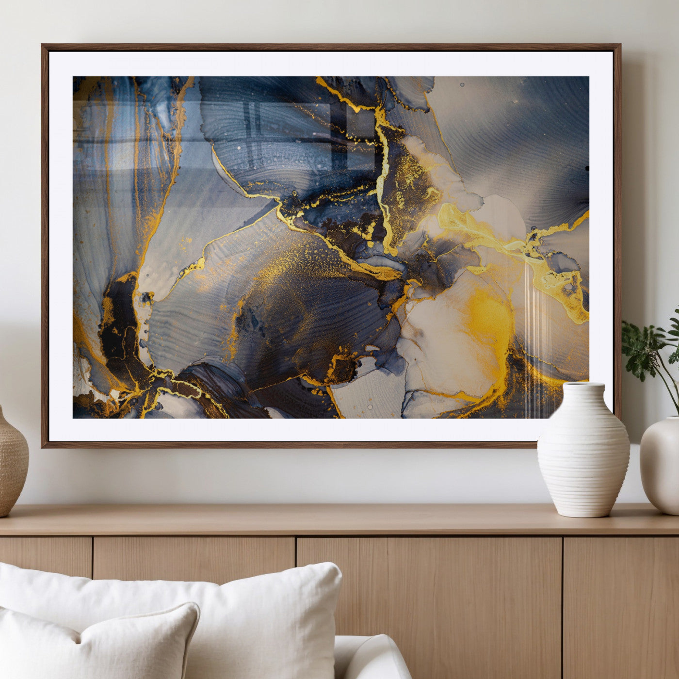 42100-MGV-CV-36X24-Golden Flow Abstract Wall Art – Panoramic Modern Blue and Gold Canvas Print, Contemporary Artistic Decor for Home, Office