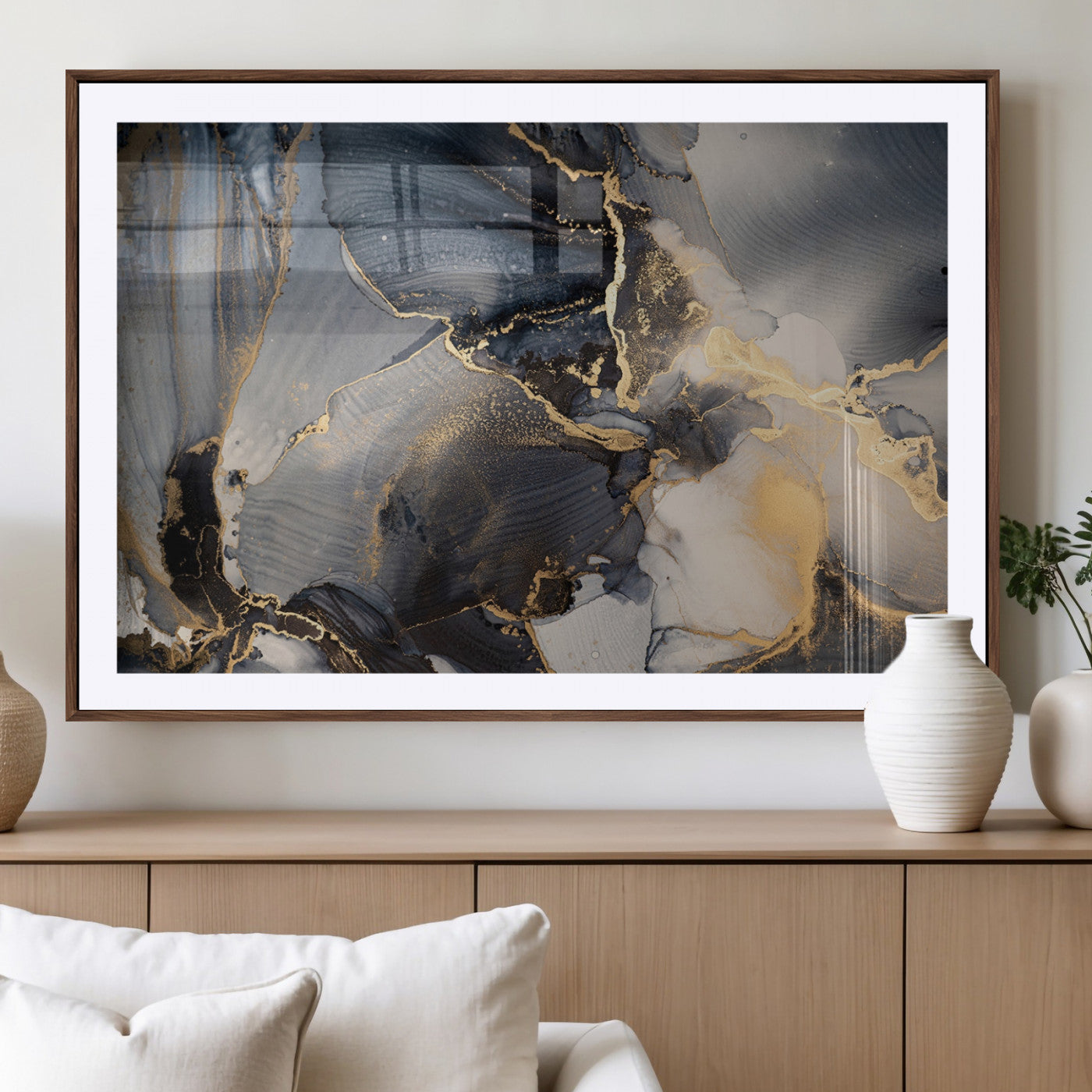 24068-MGV-CV-36X24-Luxury Abstract Wall Art – Gold & Gray Fluid Ink Painting Canvas, Modern Metallic Home Decor, Elegant Office or Living Room Accent