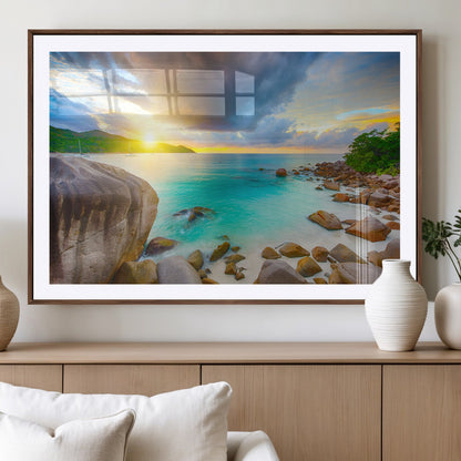 23769-MGC-FP-36x24_Walnut-Tropical Beach Sunset Wall Art – Ocean Waves and Rocky Shore Canvas Print, Coastal Seascape Photography Decor