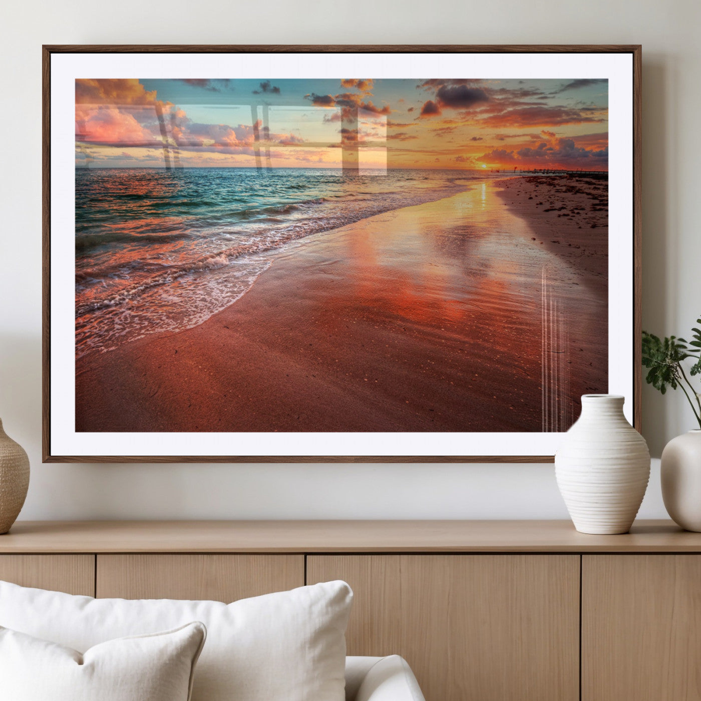 77723-MGC-FP-36x24_Walnut-Sunset Beach Wall Art – Vibrant Ocean Waves and Golden Horizon Canvas Print, Coastal Seascape Photography Home Decor