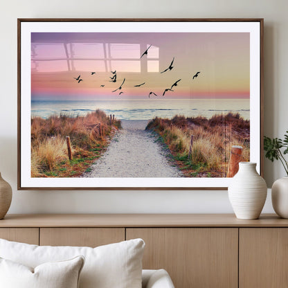 54411-MGC-FP-36x24_Walnut-Beach Path with Birds Wall Art – Coastal Sunset Ocean Canvas Print, Seaside Nature Landscape Photography for Living Room, Bedroom