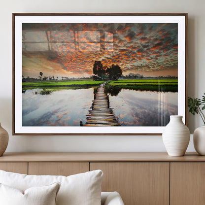 29105-MGC-FP-36x24_Walnut-Rustic Wooden Bridge Wall Art – Scenic Sunset Over Rice Fields and Reflective Water Canvas Print, Nature Landscape Decor for