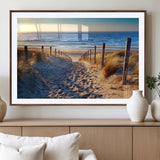 31889-MGC-FP-36x24_Walnut-Sandy Beach Pathway Wall Art – Coastal Dune Fence and Ocean View Canvas Print, Relaxing Seaside Landscape Decor for Living Room or