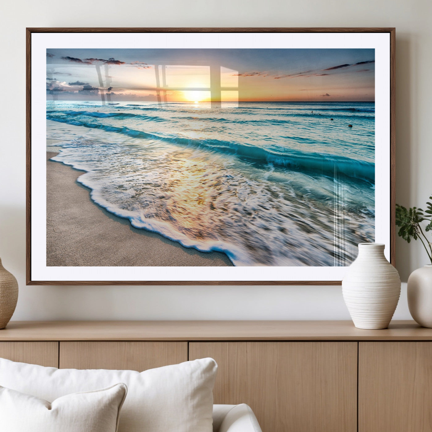 27815-MGV-CV-36X24-Ocean Sunrise Beach Wall Art – Serene Coastal Canvas Print with Waves and Golden Morning Light, Relaxing Seascape Decor for