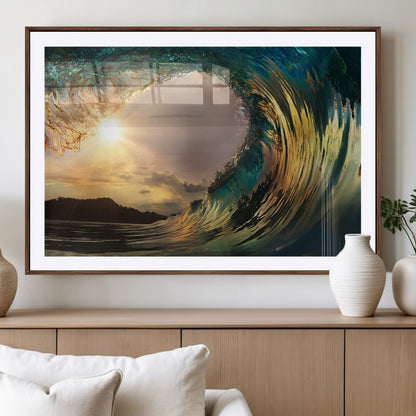 38256-MGC-FP-36x24_Walnut-Ocean Wave Wall Art – Stunning Sunrise Through Curling Wave Canvas Print, Coastal Surf Photography Seascape Decor for Living Room,