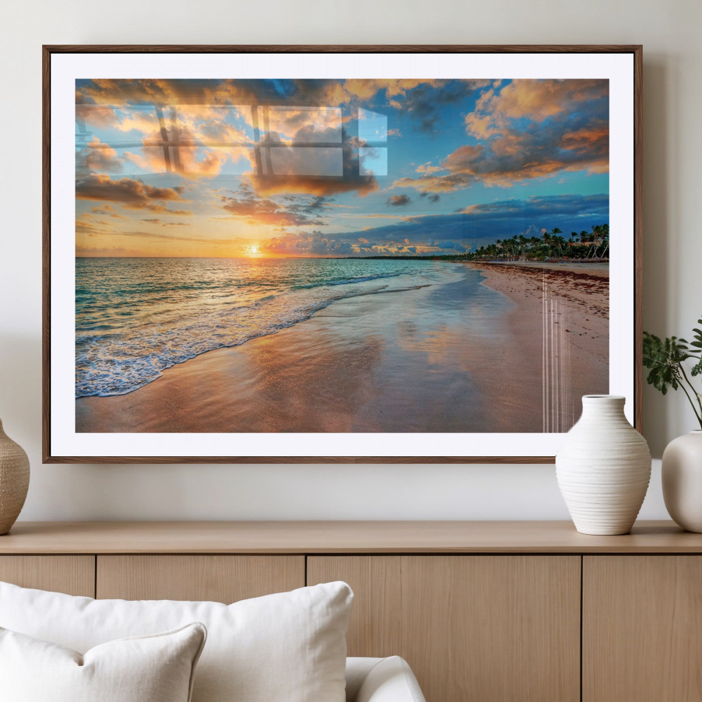 41572-MGV-CV-36X24-Sunset Beach Wall Art – Ocean Waves and Palm Trees Canvas Print, Tropical Coastal Sunset Seascape Decor for Living Room, Bedroom