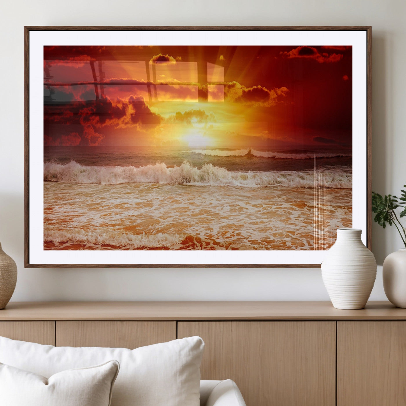60211-MGV-CV-36X24-Fiery Sunset Ocean Waves Canvas Print – Vibrant Red & Orange Coastal Wall Art, Dramatic Seascape Decor