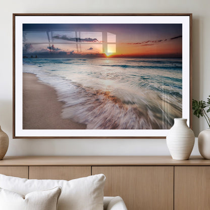 99906-MGC-FP-36x24_Walnut-Morning Tide Canvas Print – Soft Sunrise Ocean Waves Wall Art, Coastal Serenity Decor for Home & Office