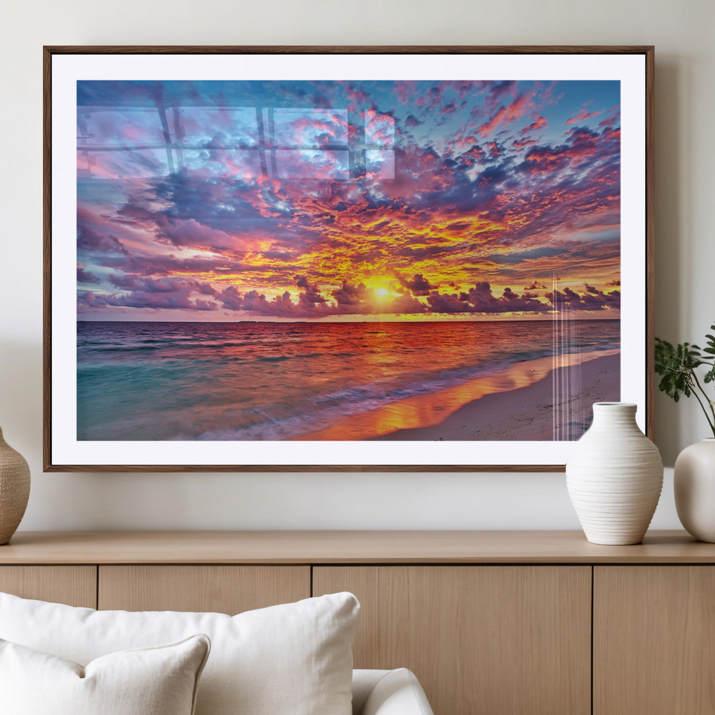 72836-MGC-FP-36x24_Walnut-Fiery Sunset Beach Wall Art – Panoramic Vibrant Ocean Canvas Print, Dramatic Coastal Decor for Living Room, Bedroom or Office