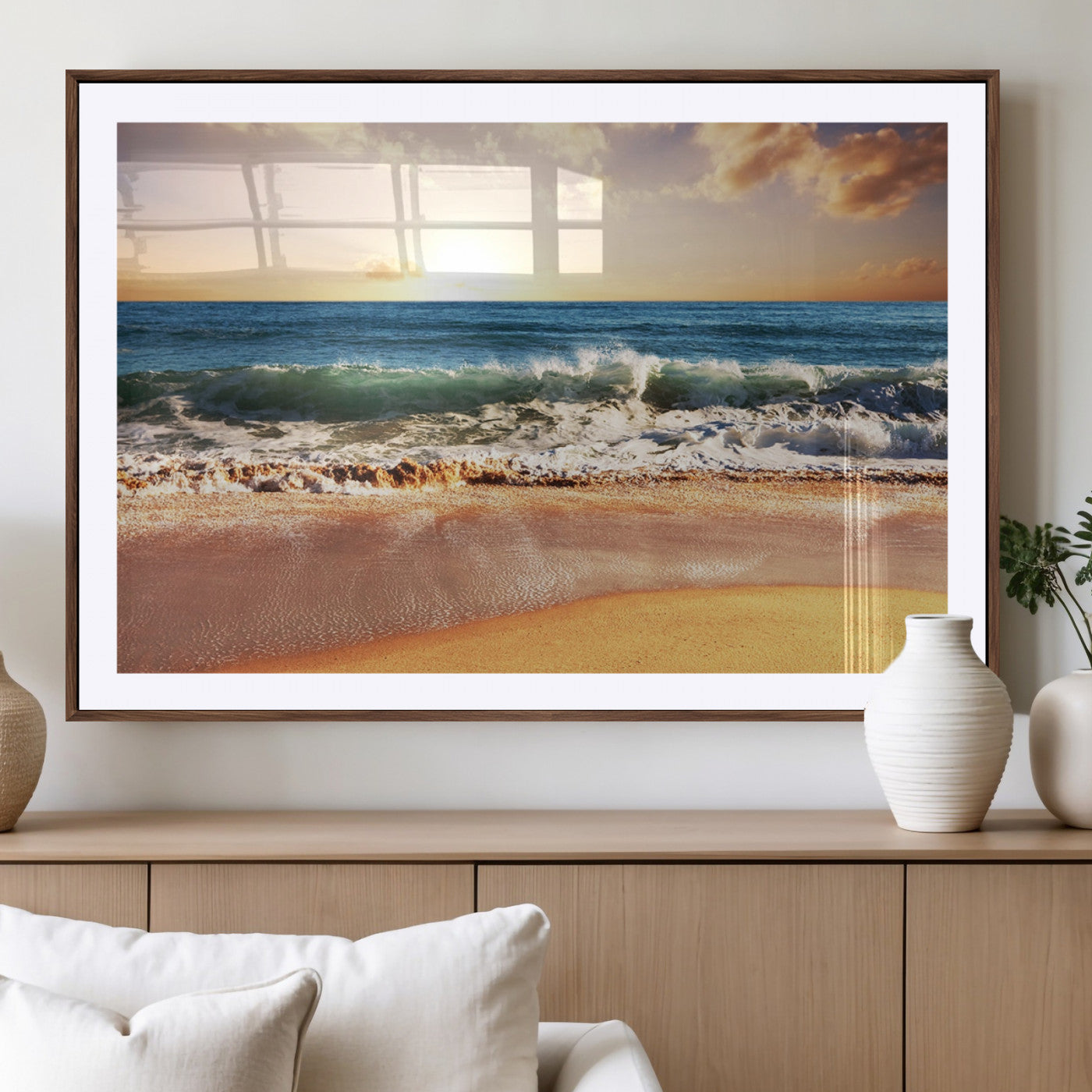 79005-MGC-FP-36x24_Walnut-Golden Sunrise Ocean Waves Wall Art – Panoramic Seashore Canvas Print, Calming Coastal Decor for Home, Office or Relaxation Space