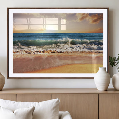 79005-MGC-FP-36x24_Walnut-Golden Sunrise Ocean Waves Wall Art – Panoramic Seashore Canvas Print, Calming Coastal Decor for Home, Office or Relaxation Space