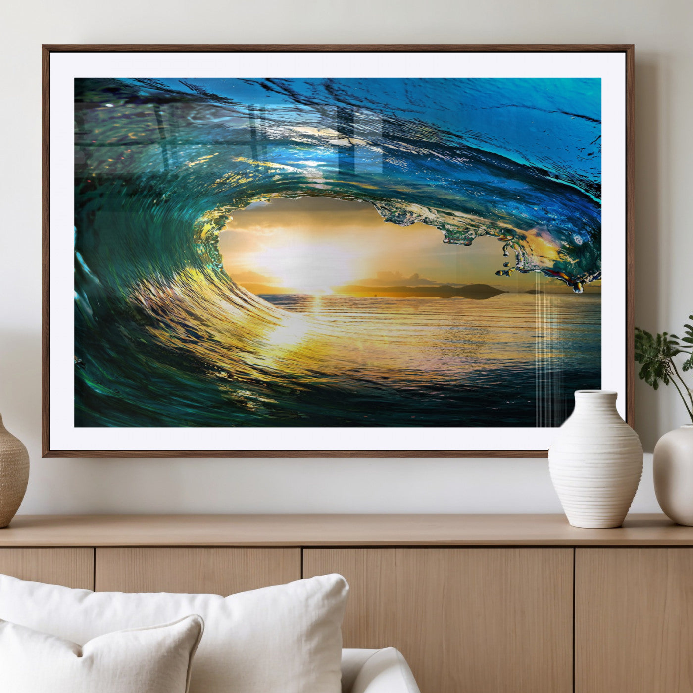 19378-MGC-FP-36x24_Walnut-Ocean Wave Sunset Wall Art – Vibrant Surf and Golden Horizon Canvas Print, Coastal Seascape Photography for Living Room, Bedroom,