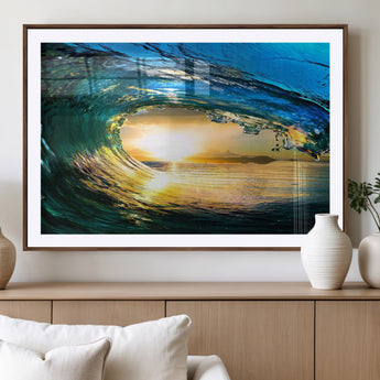 19378-MGC-FP-36x24_Walnut-Ocean Wave Sunset Wall Art – Vibrant Surf and Golden Horizon Canvas Print, Coastal Seascape Photography for Living Room, Bedroom,